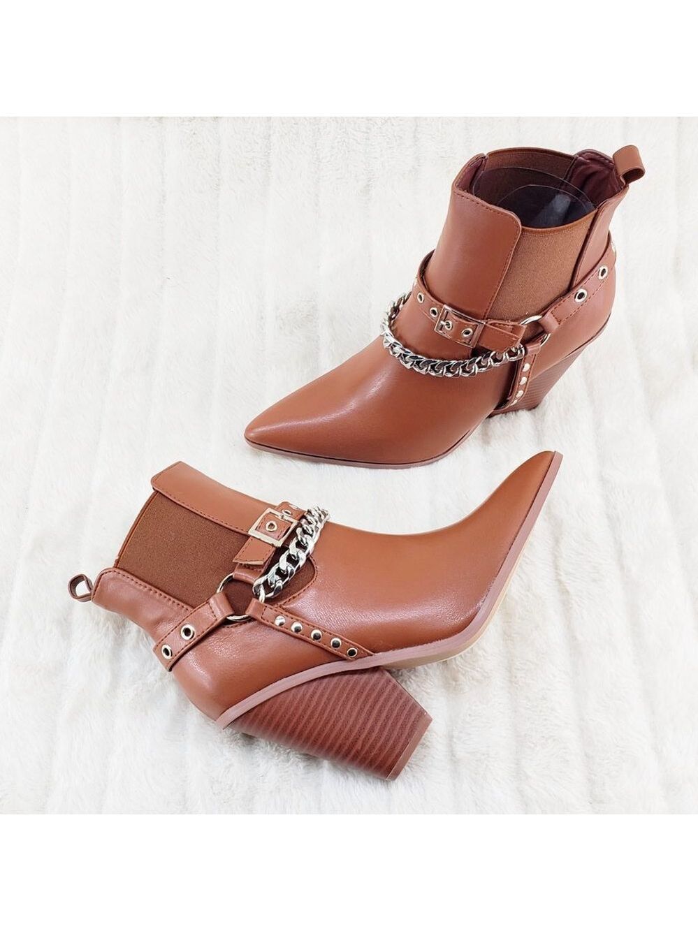 Demitri Tan Western Cowgirl Cowboy Pull On Elastic Panel Ankle Boots - Picture 8 of 11
